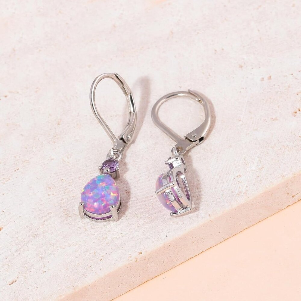 Leverback Opal Dangle Drop Earrings For Women Girls 14K Gold Plated Teardrop Ear - Picture 5 of 7